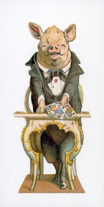 Cerdo sosteniendo cartas de juego de English School